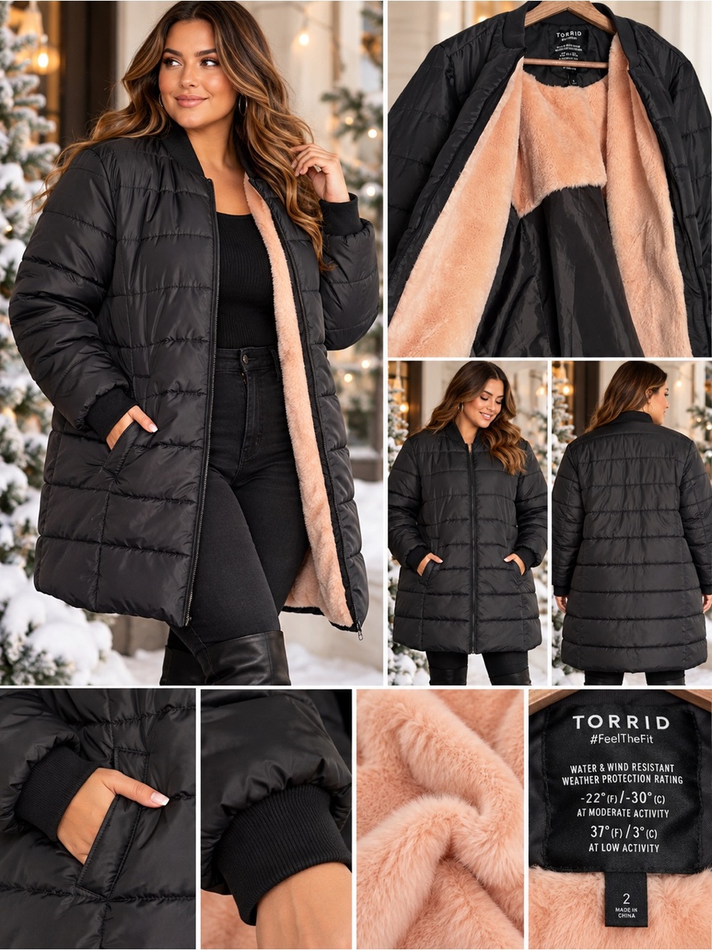 Torrid #FeelTheFit Black Longline Puffer Coat Pink Faux Fur Winter Jacket 2X